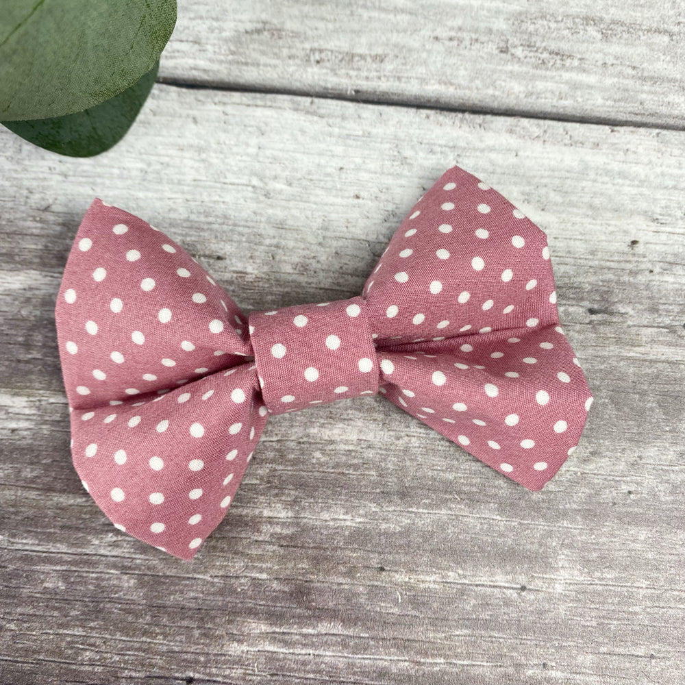 dusky pink polka dot dog bow tie