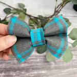 Blue and grey tartan dog bow tie