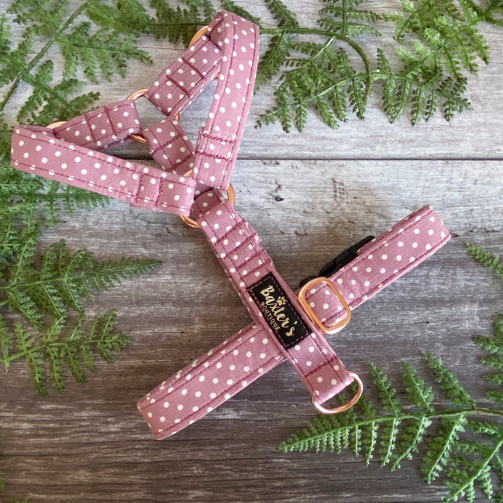 
            
                Load image into Gallery viewer, dusky pink polka dot dog harness
            
        