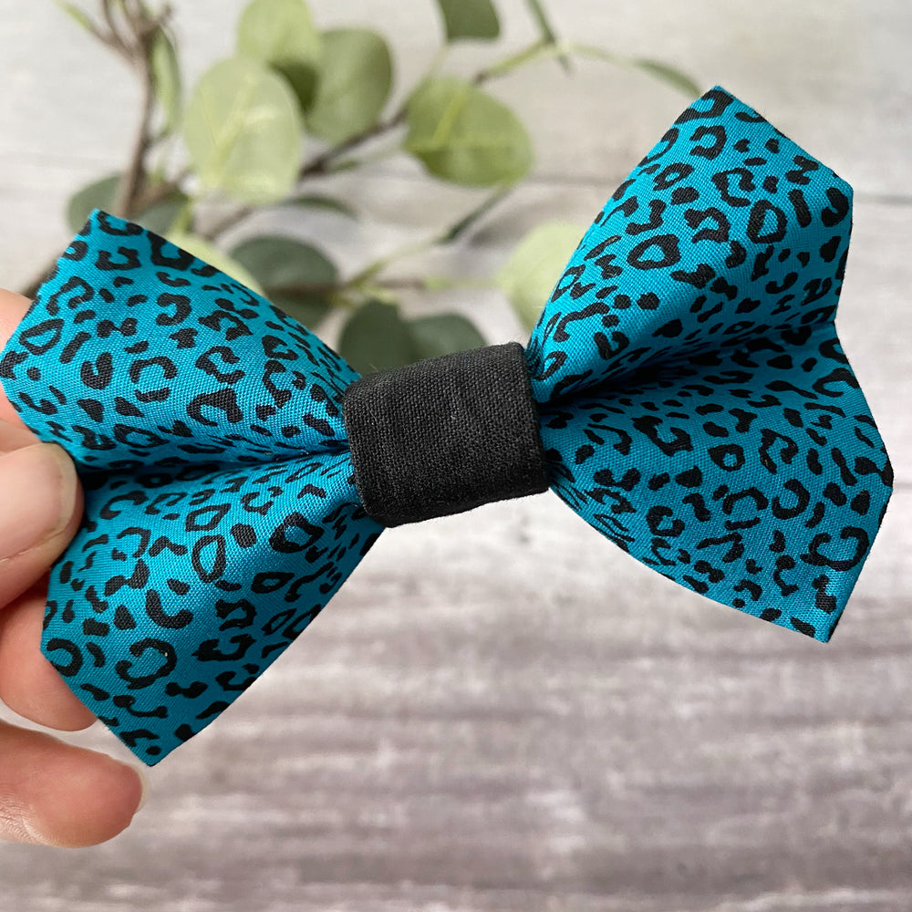 teal leopard print dog bow tie