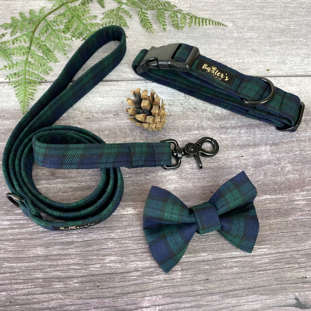 
            
                Load image into Gallery viewer, black watch tartan collar lead and bow
            
        