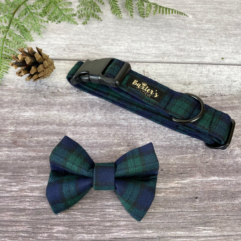 
            
                Load image into Gallery viewer, black watch tartan dog bow and collar
            
        